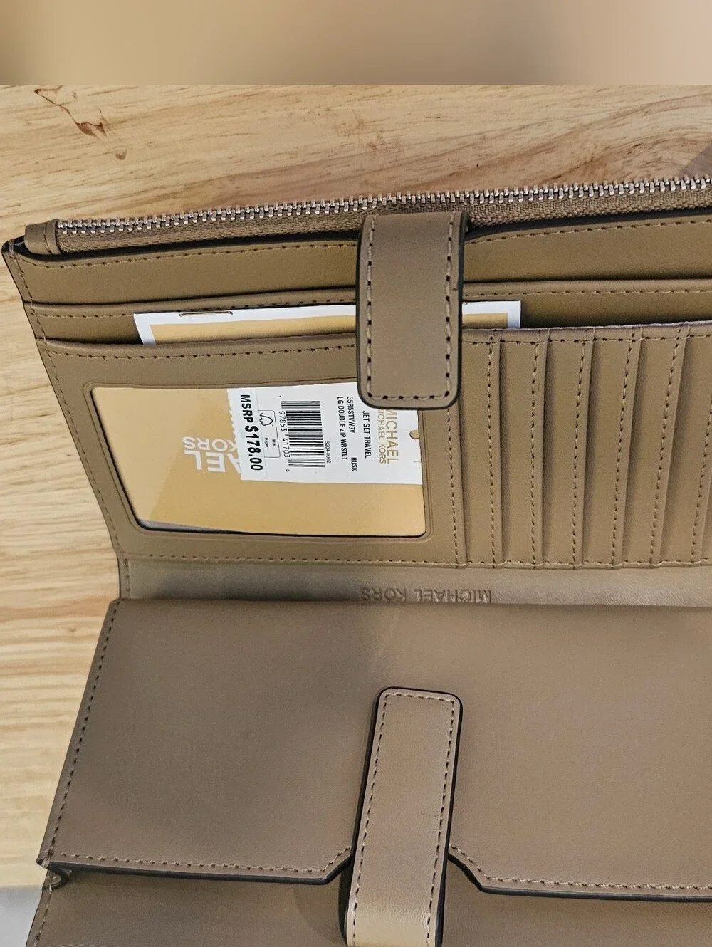 NWT Michael Kors Beige Logo Wristlet Wallet with Brown Trim